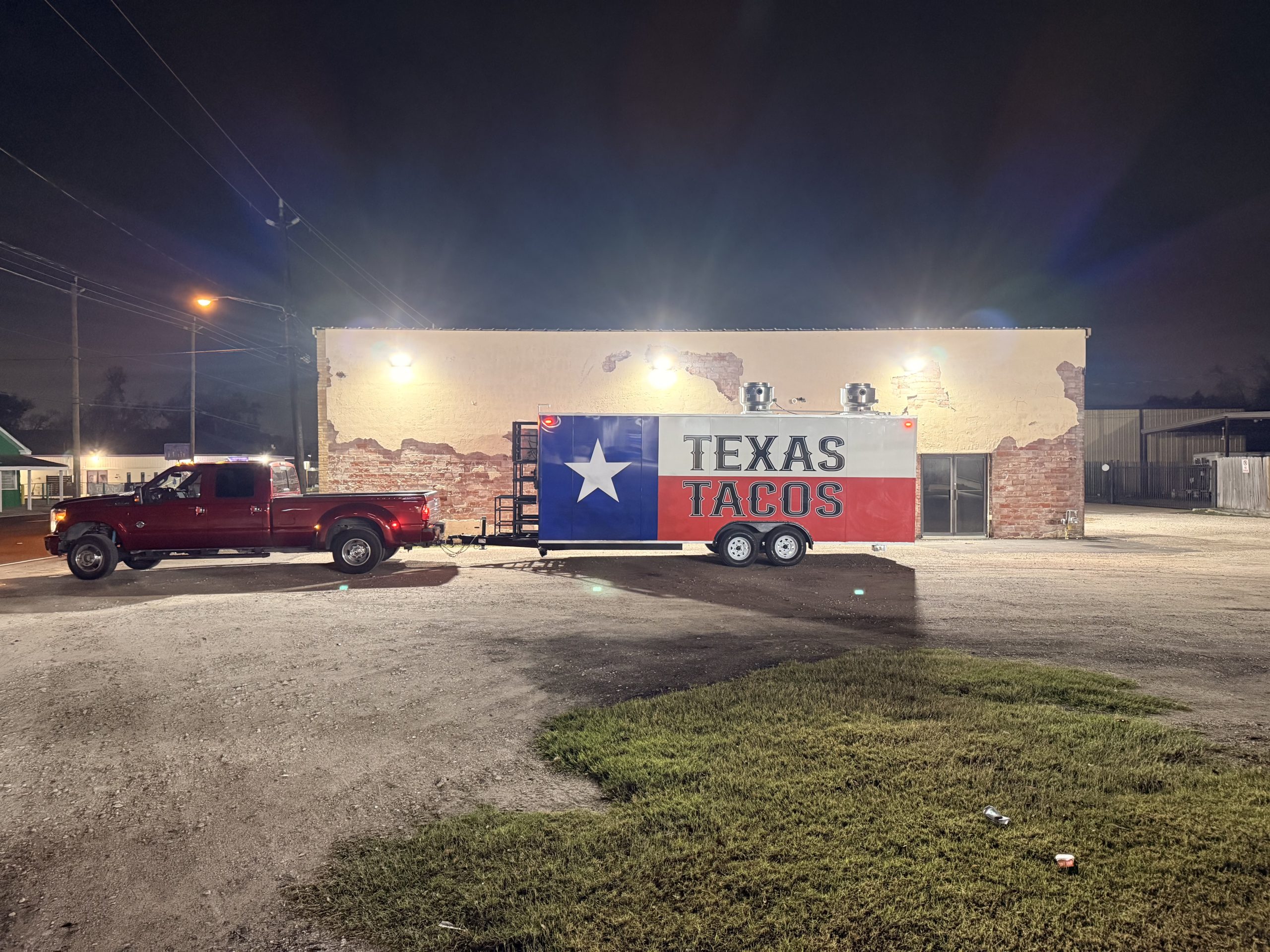 Texas Tacos food trailer wrap with Texas flag graphics